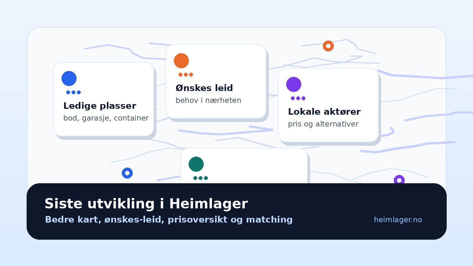 Illustrasjon av kart, ønskes-leid og lokale lagerplasser i Heimlager